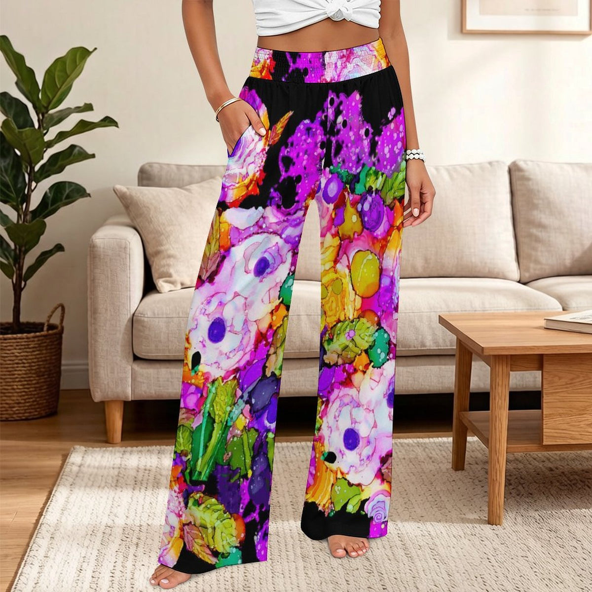 Rose Splash High Waist Wide Leg Pant with Pockets