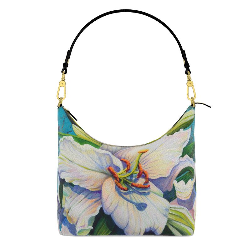 White Lily Square Hobo Leather Bag