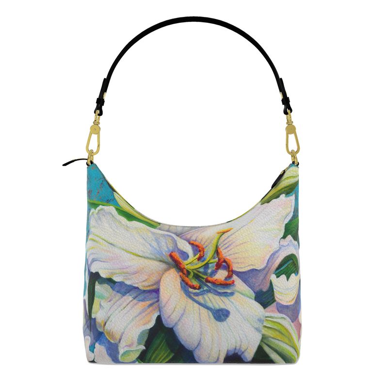 White Lily Square Hobo Leather Bag