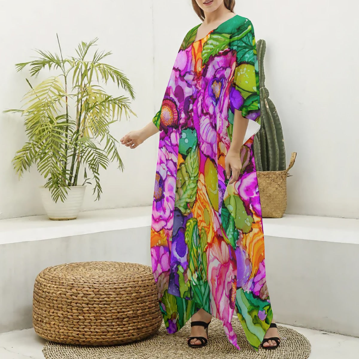 All-Over Print Women's Imitation Silk V-neck Kaftan Robe/Dress