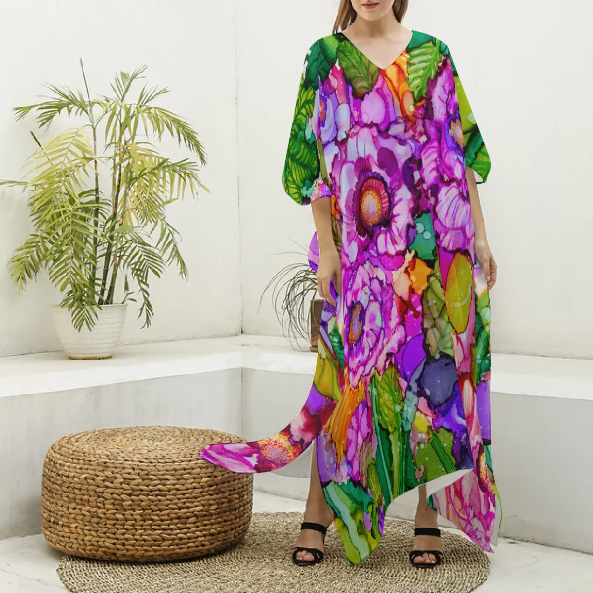 All-Over Print Women's Imitation Silk V-neck Kaftan Robe/Dress