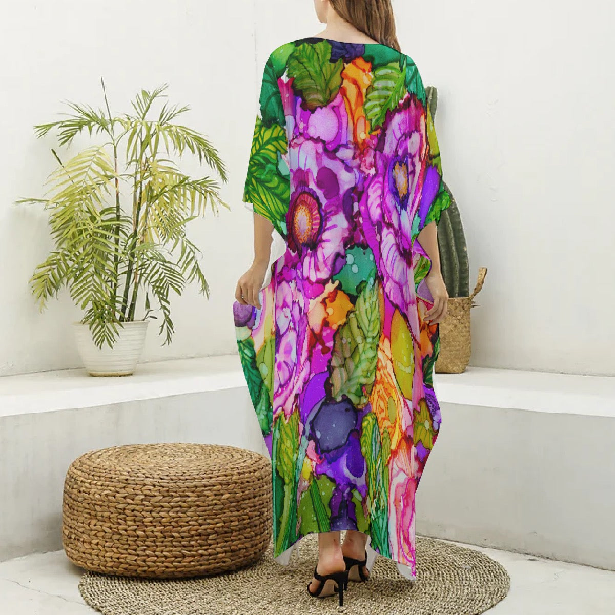 All-Over Print Women's Imitation Silk V-neck Kaftan Robe/Dress