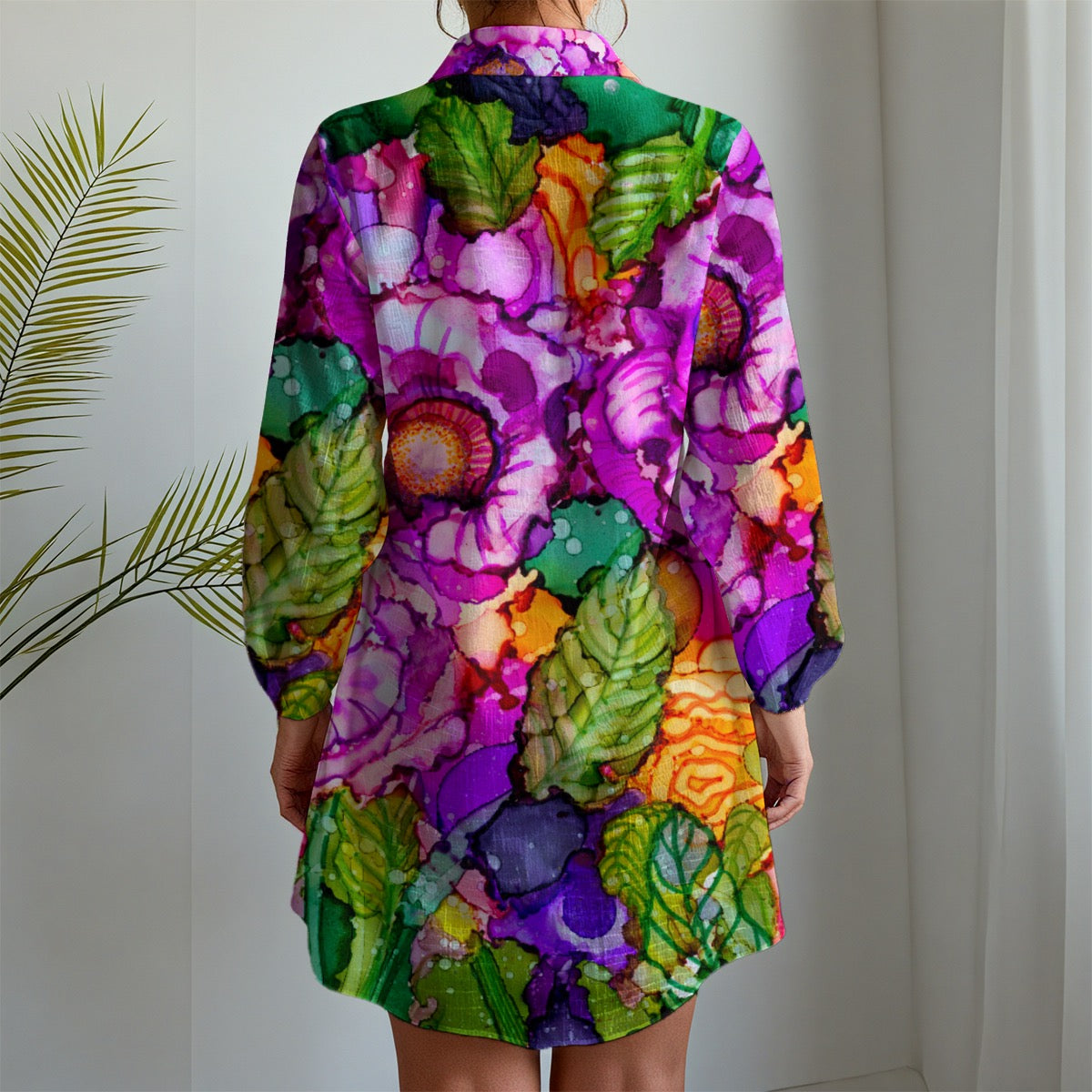 Cabbage Rose Splash Long Sleeve Shirt Dress
