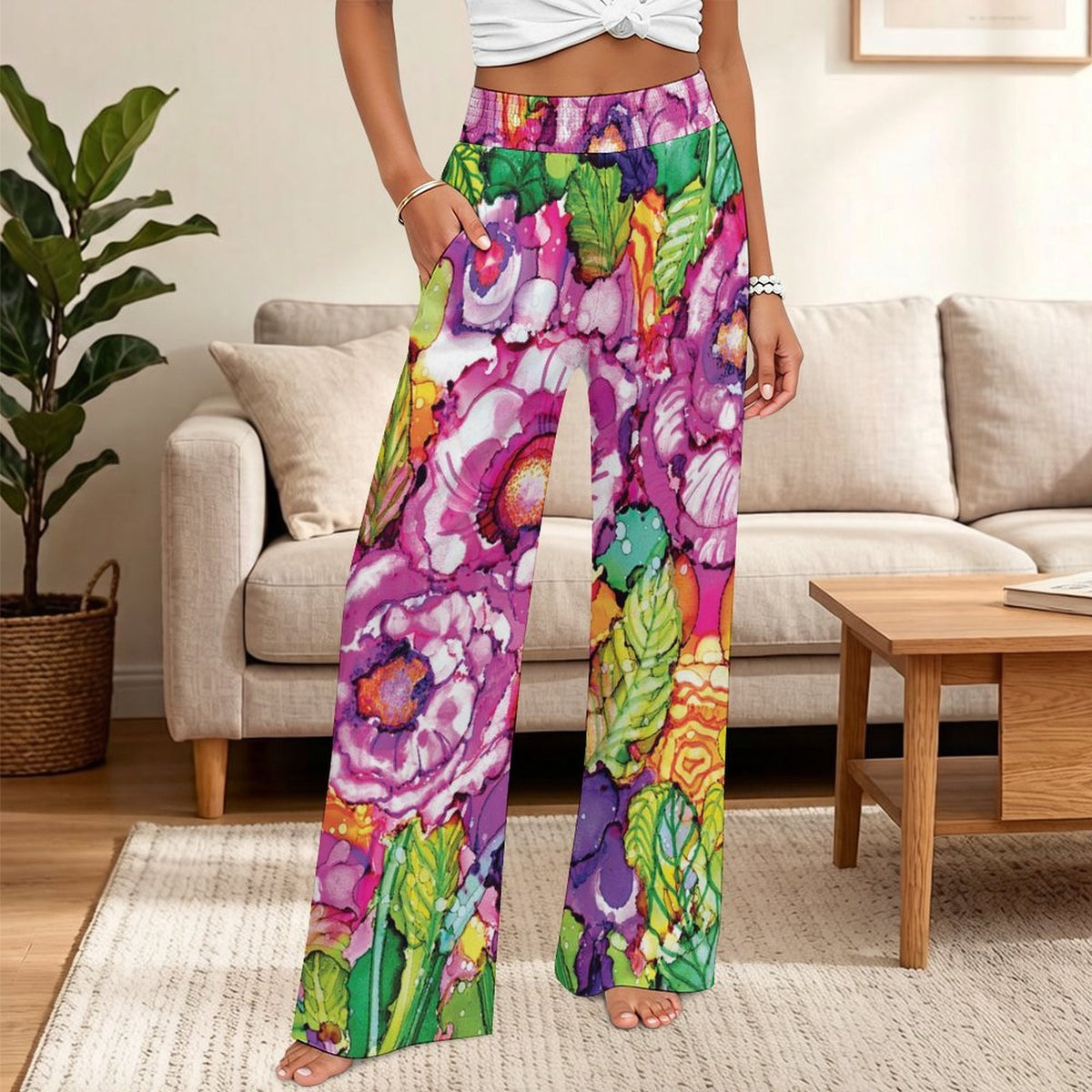 Cabbage Rose High Waist Wide Pants with Pockets